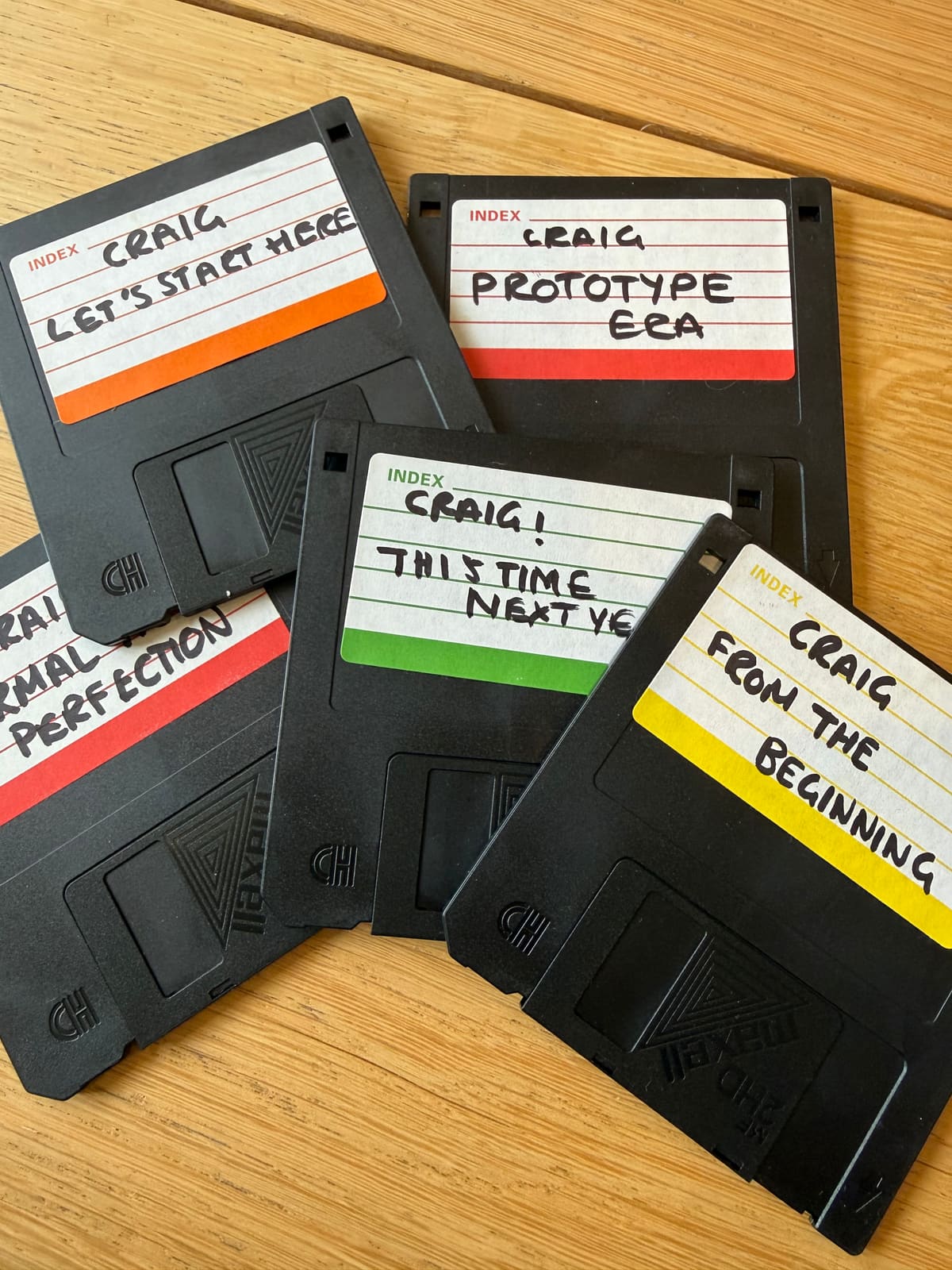 Floppy disks labelled with Craig’s name and song titles from his songwriting archives